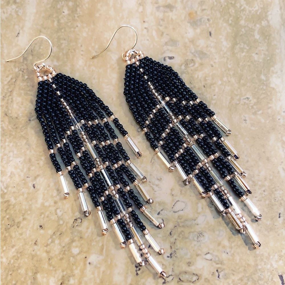 Beaded fringe earrings. Feather Shaped - Black, Silver, Rose Gold • other colors